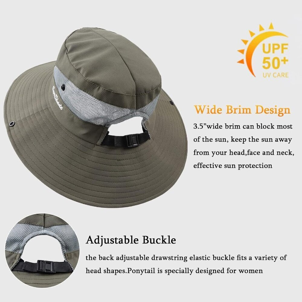 Unisex Green 100% Polyester Wide Brim Mesh Vent Chin Strap Classic Cowboy Hat - Picture 4 of 6